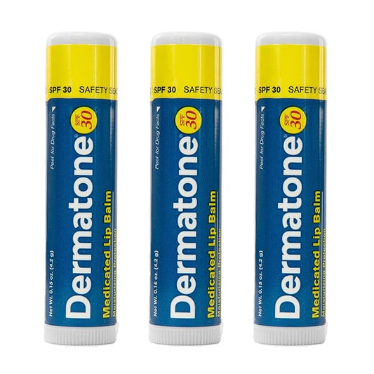 Dermatone Lip Balm SPF 30 | Medicated | Moisturizing | Cocoa Butter, Aloe, Vitamin E | Soothe & Replenish Chapped Lips | 3-Pack, 0.15 oz sticks