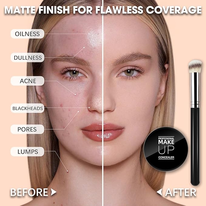 Cream Concealer Full Coverage Makeup, Matte Color Correcting Concealer with Brush, Waterproof, Conceals Blemish, Pores and Spots, Under Eye Makeup Concealer for Dark Circles (#04 LIGHT)