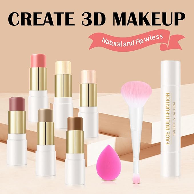 6 Colors Cream Contour Stick Set,Double-ended Cream Bronzer Stick,Highlighter Stick,Blush Stick,Professional Highlighter Makeup Contour Kit,Easy to Sculp Contorno Maquillaje（Set A）