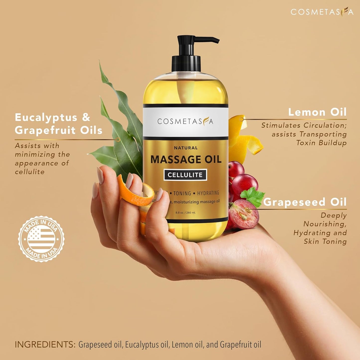 Cosmetasa Body Massage Oil for Massage Therapy Kit - Arnica Sore Muscle Massage Oil, Cellulite Massage Oil, Lavender Massage Oil, Skin Massage Roller Ball, Massager Mitt - Relaxing Luxury Spa Gift Set