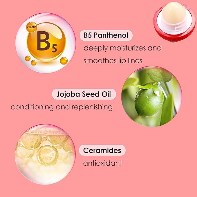 KISSIO Lip Balm,Strawberry Lip Balm,Lip Care with B5 Panthenol,Jojoba Seed Oil and Ceramide,Moisturize and Soothe Chapped Lips,Reduces Lines and Enhances Lip Elasticity,Cruelty Free,0.12 oz(02#)