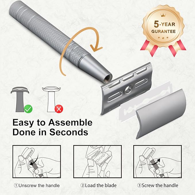Double Edge Safety Razor, Single Blade Razors for Men and Women, with 10 Double Edge Blades, Reusable Metal 1 Blade Razor, Eco-Friendly, Zero Waste, Smooth and Close Shave, Matte Silver