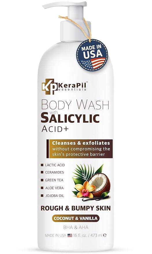 Exfoliating Body Wash with Salicylic Acid - No Dry Out, Gentle Exfoliates Rough and Bumpy Skin, Body Acne Wash, BHA & AHA - Coconut and Vanilla with Salicylic Acid - (16 fl oz)