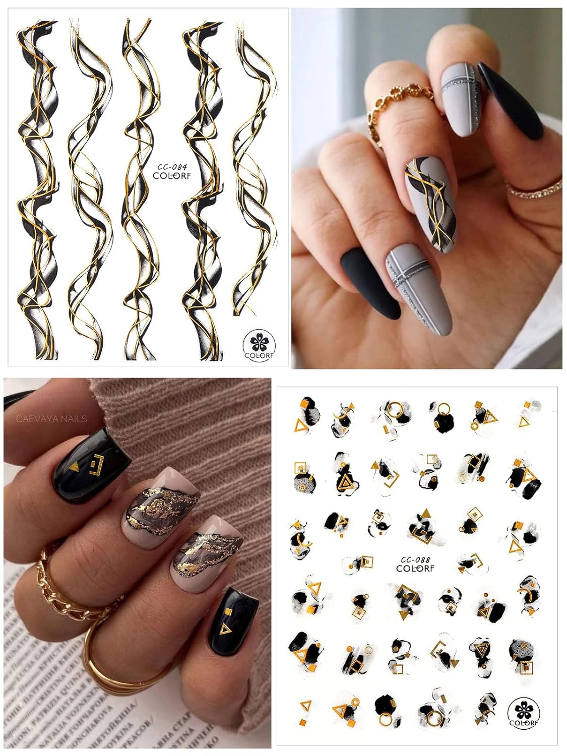 TOROKOM 12 Sheets Nail Art Stickers Decals,Self-Adhesive Black White Gold Stripe Line Nail Decals Marble Wave Nail Sticker Supplies for 3D Nail Design Nail Accessories for Women French Nail Decoration