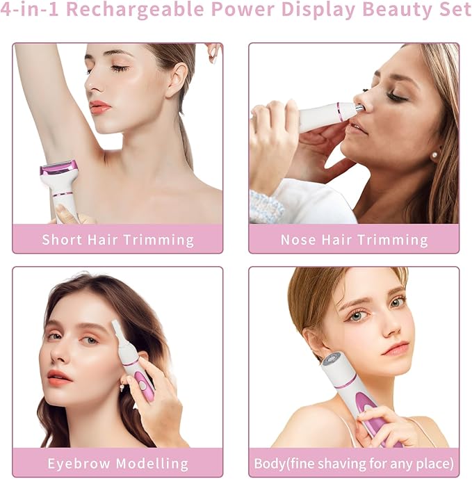 Electric Razor for Women Men,4 in 1 Painless Ladies Wet & Dry Body Razors and Facial Hair Remover,Rechargeable Led Display Hair Removal Kit for Nose Face Body Leg Bikini Arm Hair (Pink)