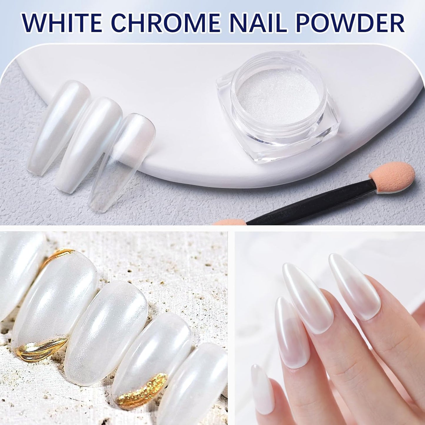 Pretty Diva White Pearl Chrome Nail Powder, Pearl Chrome Powder for Nail, Magic White Chrome Nail Powder