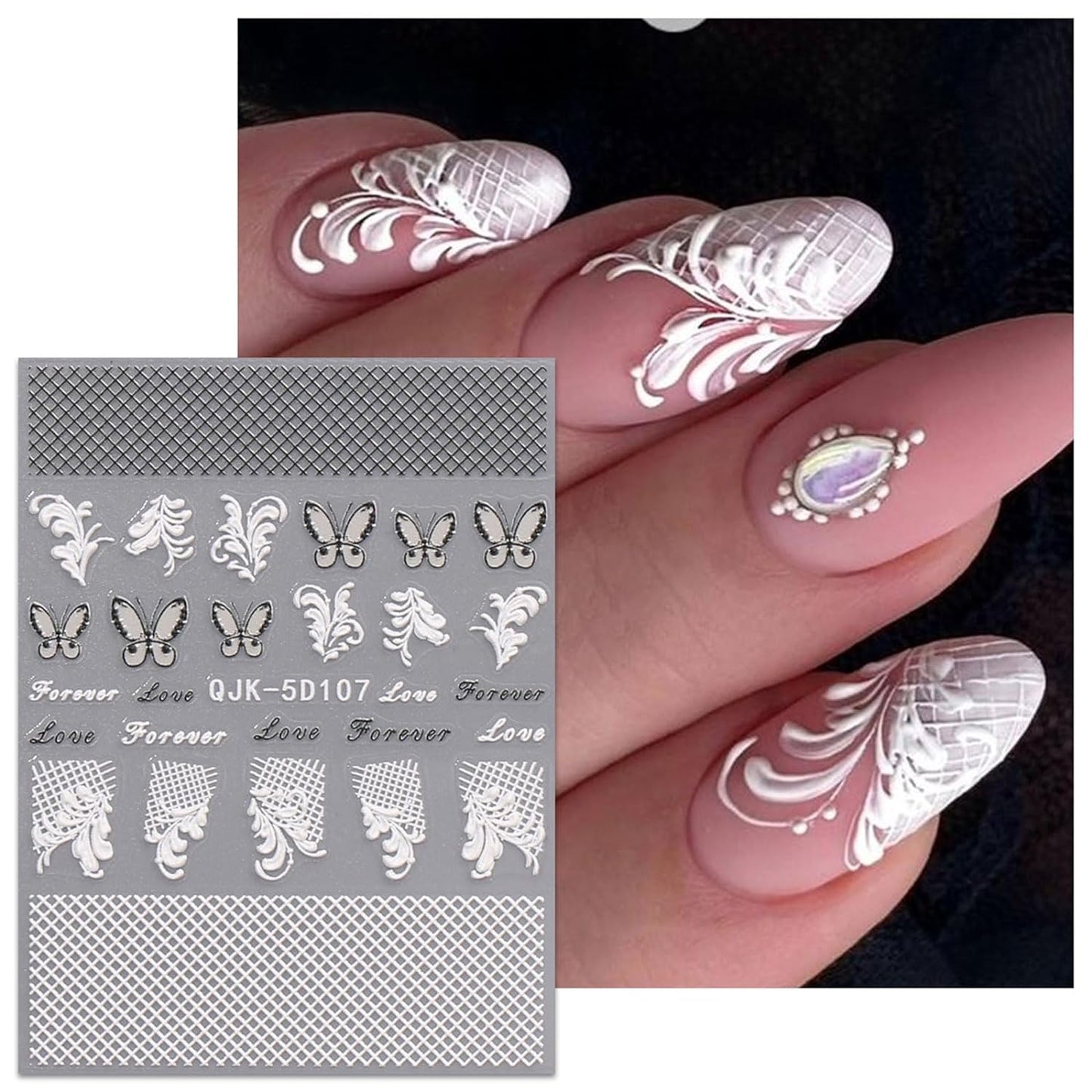 JMEOWIO 3D Embossed Black White Flower Nail Art Stickers Decals Self-Adhesive Pegatinas Uñas 5D Leaves Lace Nail Supplies Nail Art Design Decoration Accessories 4 Sheets