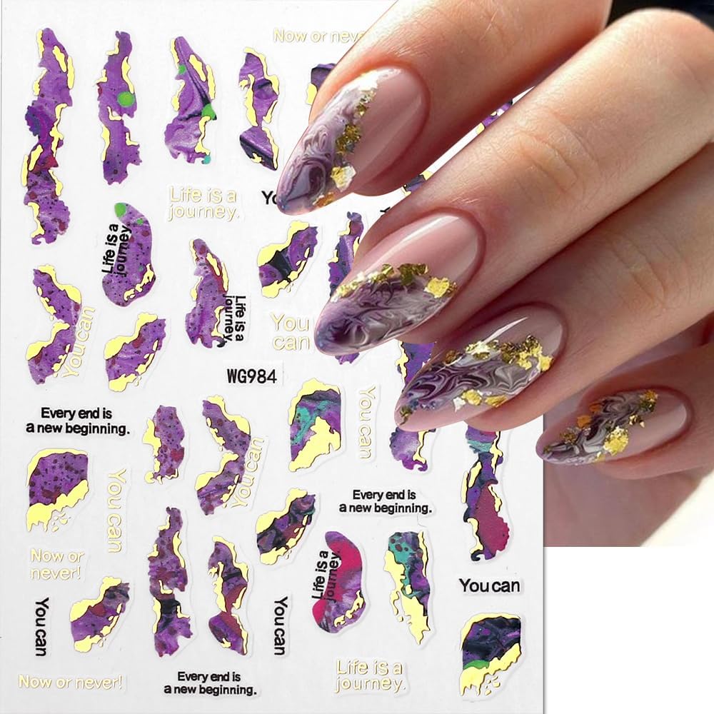 3D Marble Nail Stickers - 6 Color Marble Decals, Blooming Nail Art, Bronzing & Watercolor Smudge Resistant, Self-Adhesive Gold Foil Designs