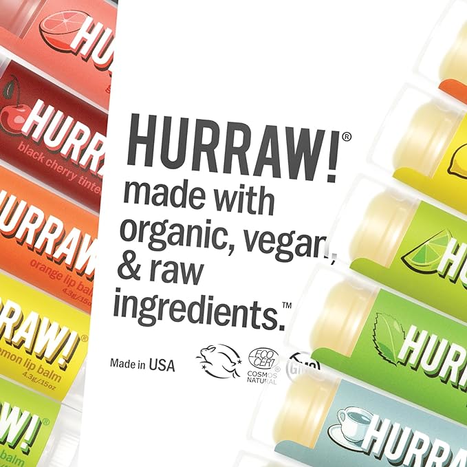 Hurraw! Lip Balms Staff Favorites, 6 Balm Bundle Pack: Black Cherry Tinted (Sheer Red Tint), Orange, Lemon, Mint, Earl Grey, Raspberry Tinted (Sheer Berry Tint). Organic, vegan & raw ingredients.