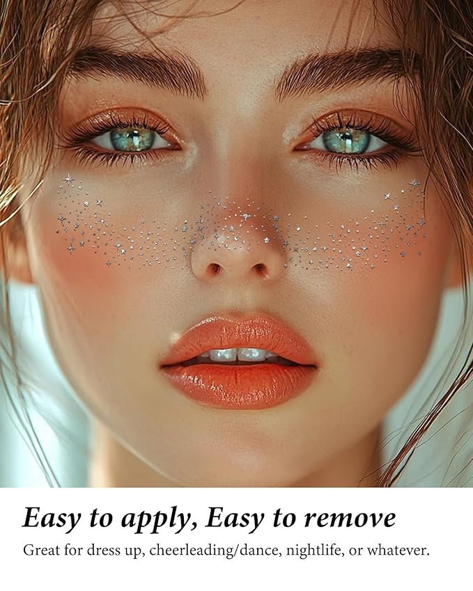 Glitter Freckles,Body and Face Glitter Makeup Patches for Women Girls, Waterproof Festival Rave Accessories fit Country Concert Outfits (Silver - 10 pcs)