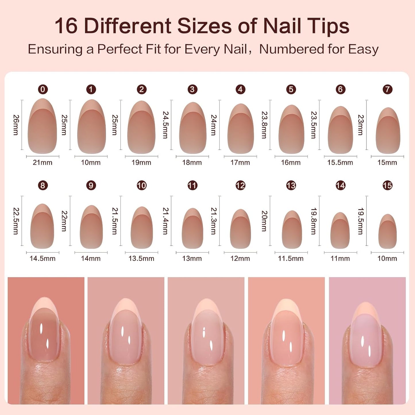 French Tip Press on Nails 160PCS with 5 Strips, 16 Sizes Pre-applied Primer Fake Nails - No Need to File, 5 Colors Short Almond Tips, DIY Glue on Nails Kit for Women, Gift Set