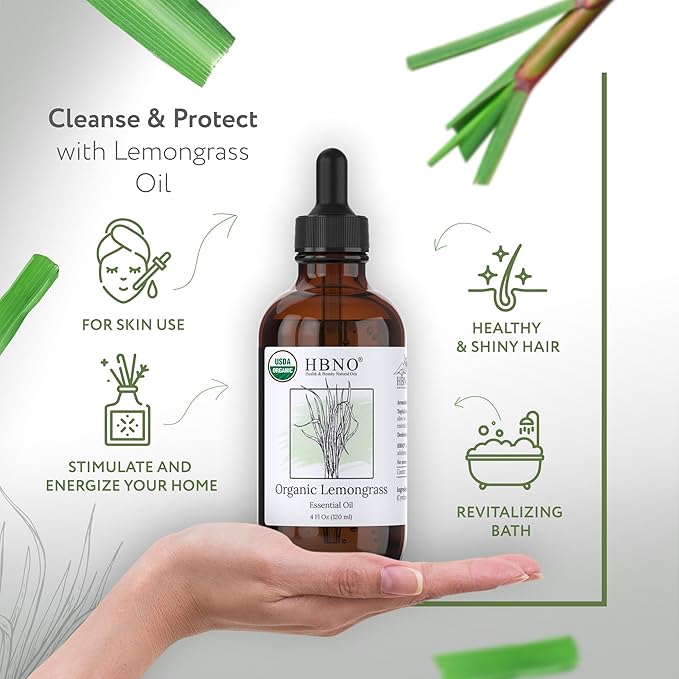 HBNO Organic Lemongrass Essential Oil - Huge 4 oz (120ml) Value Size - USDA Certified Organic Lemongrass Essential Oil, Perfect for Aromatherapy, Soap Making, DIY, Diffuser