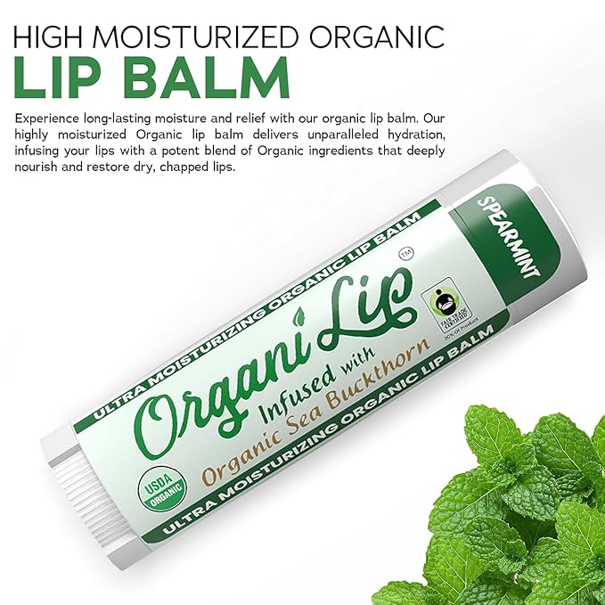 Organic Lip Balm, Spearmint Flavor, Ultra Hydrating Lip Moisturizer for Cracked or Dry Lips, Infused With Organic Sea Buckthorn, Oval Shaped Tube, USDA Certified Organic, 1 Pack
