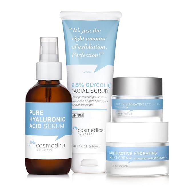 Complete Skincare Kit- Hyaluronic Acid Serum (4 Ounce), Glycolic Facial Scrub (4 Ounce), Multi Active Hydrating Night Cream and Total Restorative Eye Cream