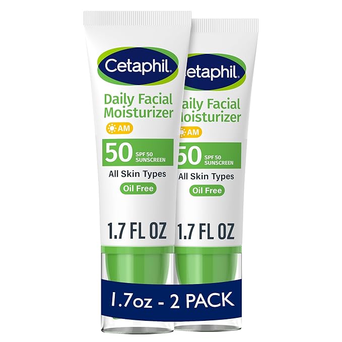 Cetaphil Daily Facial Moisturizer SPF 50, 1.7 Fl Oz (Pack of 2), Gentle Facial Moisturizer For Dry to Normal Skin Types, No Added Fragrance, Dermatologist Recommended (Packaging May Vary)