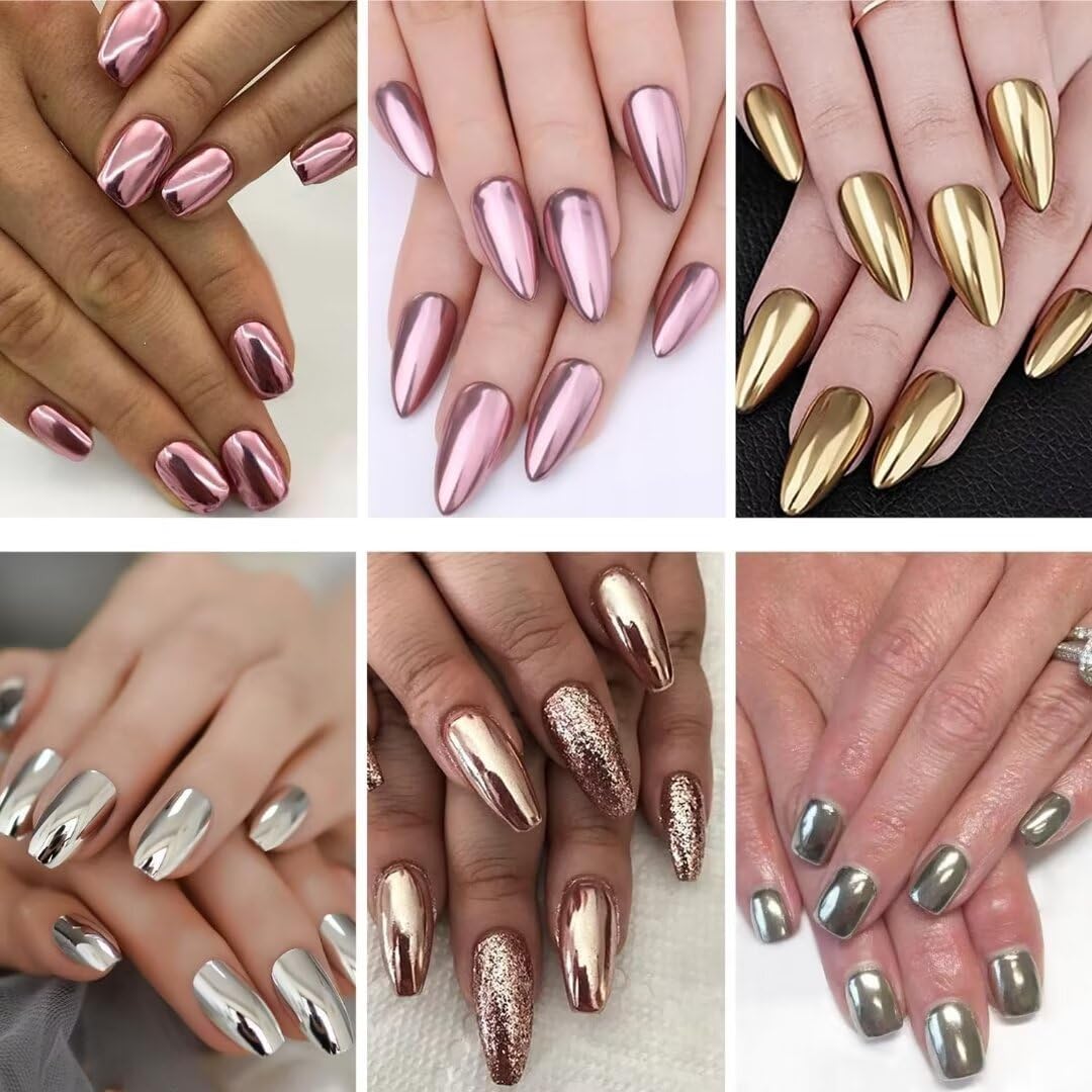 Gold Chrome Nail Powder BISHENGYF -【Metallic Mirror Effect】Holographic Silver Copper Rose Gold Nail Chrome Glitter Glazed Pigment Unicorn Metallic Chrome Powder for Nails Art DIY Decoration