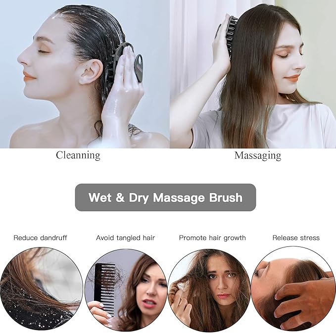 INNERNEED Scalp Massager Shampoo Brush, Wet & Dry Manual Scalp Care Head Scrubber Hair Washing, Soft Silicone Bristles, for Hair Growth, Dandruff Removal (Black+Pink)