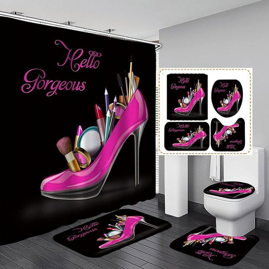 4PCS Hello Gorgeous Shower Curtain Set, Hot Pink High Heels Lipstick Makeup Fashion Girls Women Bathroom Decor, Waterproof Fabric Black Shower Curtain, Non-Slip Bath Mat Toilet Rug, Hot Pink