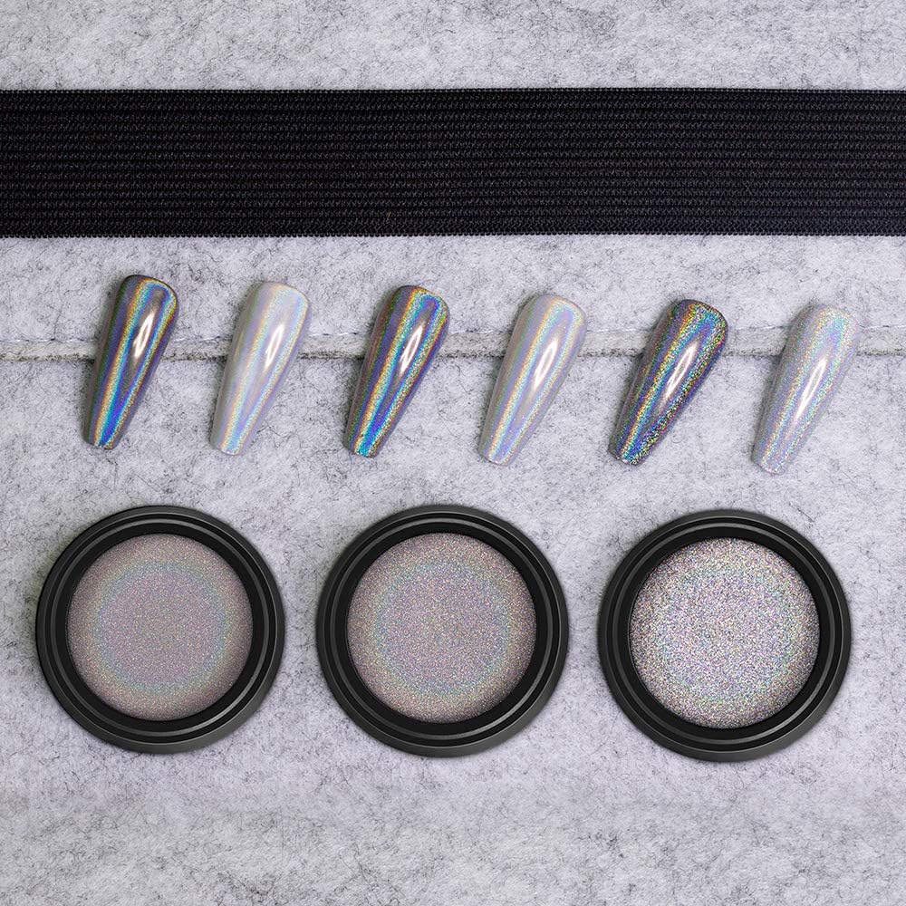 Artdone 3jars Holographic Chrome Nail Powder 1Gram Each, Unicorn Holo Rainbow Mirror Effect 20um 35um 65um Nail Pigment kit For Gel Polish Nail Art crome Set