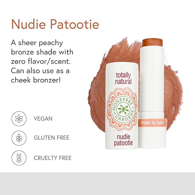 Honeybee Gardens Totally Natural Nudie Patootie Tinted Lip Balm, Nourishing Moisture With A Kiss Of Color, Vegan, Gluten-Free