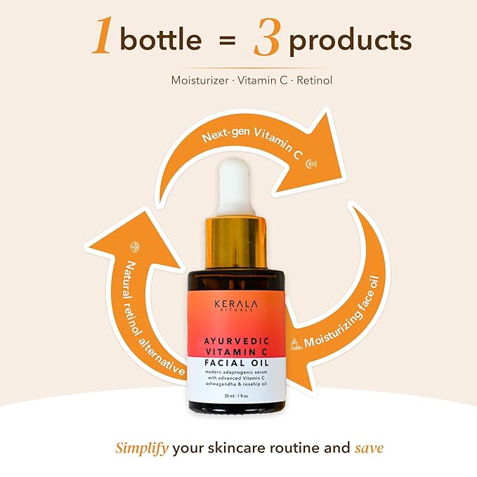 Ayurvedic Vitamin C Face Oil with Rosehip Oil, Bakuchiol, Ashwagandha, and Squalane, Hydrating, Brightening, and Repairing Serum for Dark Spots, Fine Lines, and Wrinkles, Clean Luxury Skincare