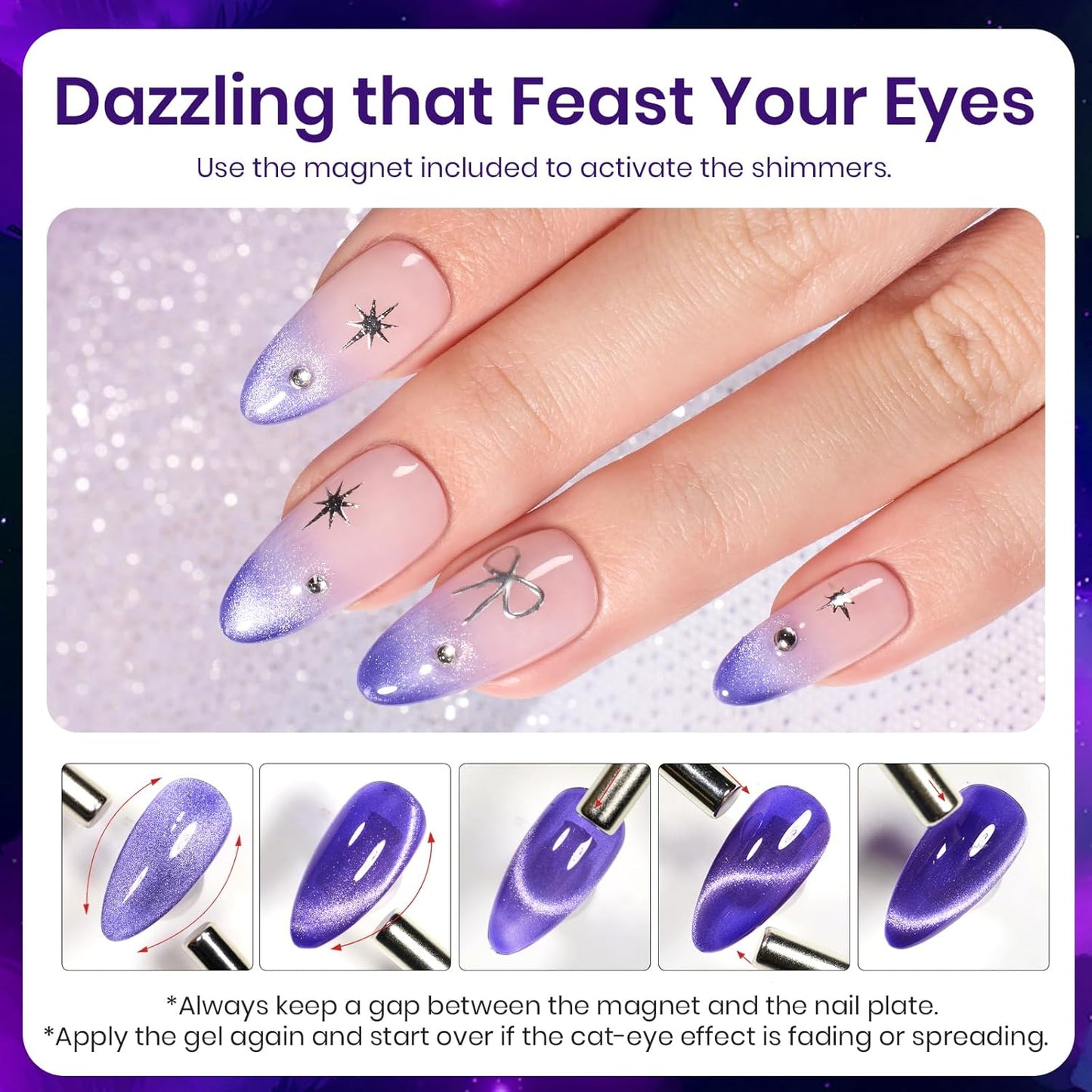 Beetles Cat Eye Gel Nail Polish, 15ML Purple Cat Eye Holographic Glitter Gel Polish with Magnet Soak Off UV Shimmer Velvet Gel Celestial Veil Series French Nail Art Design Manicure Gifts for Women