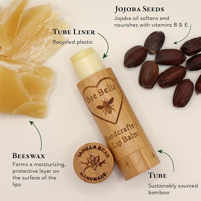 Bee Bella Lip Balm, Vanilla Bean, 3 Pack - Hydrating, Moisturizing Lip Care, 100% Natural, Original Organic Beeswax with Vitamin E, Handmade in USA