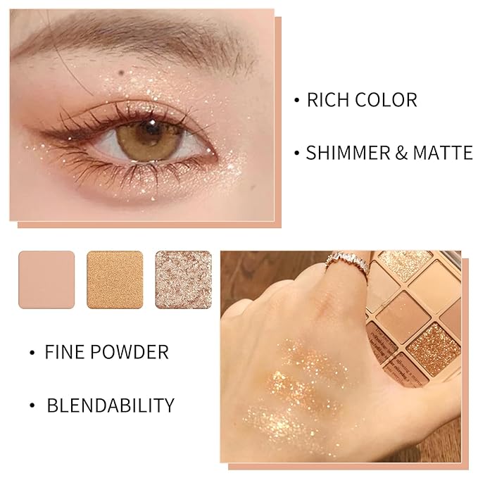 Erinde 9 Colors Eyeshadow Palette, Matte Shimmer Glitter Eye Shadow Makeup Palette, Highly Pigmented Long Lasting Waterproof, Natural Neutral Nude Eyeshadow Makeup Pallet, Oat Milk Tea