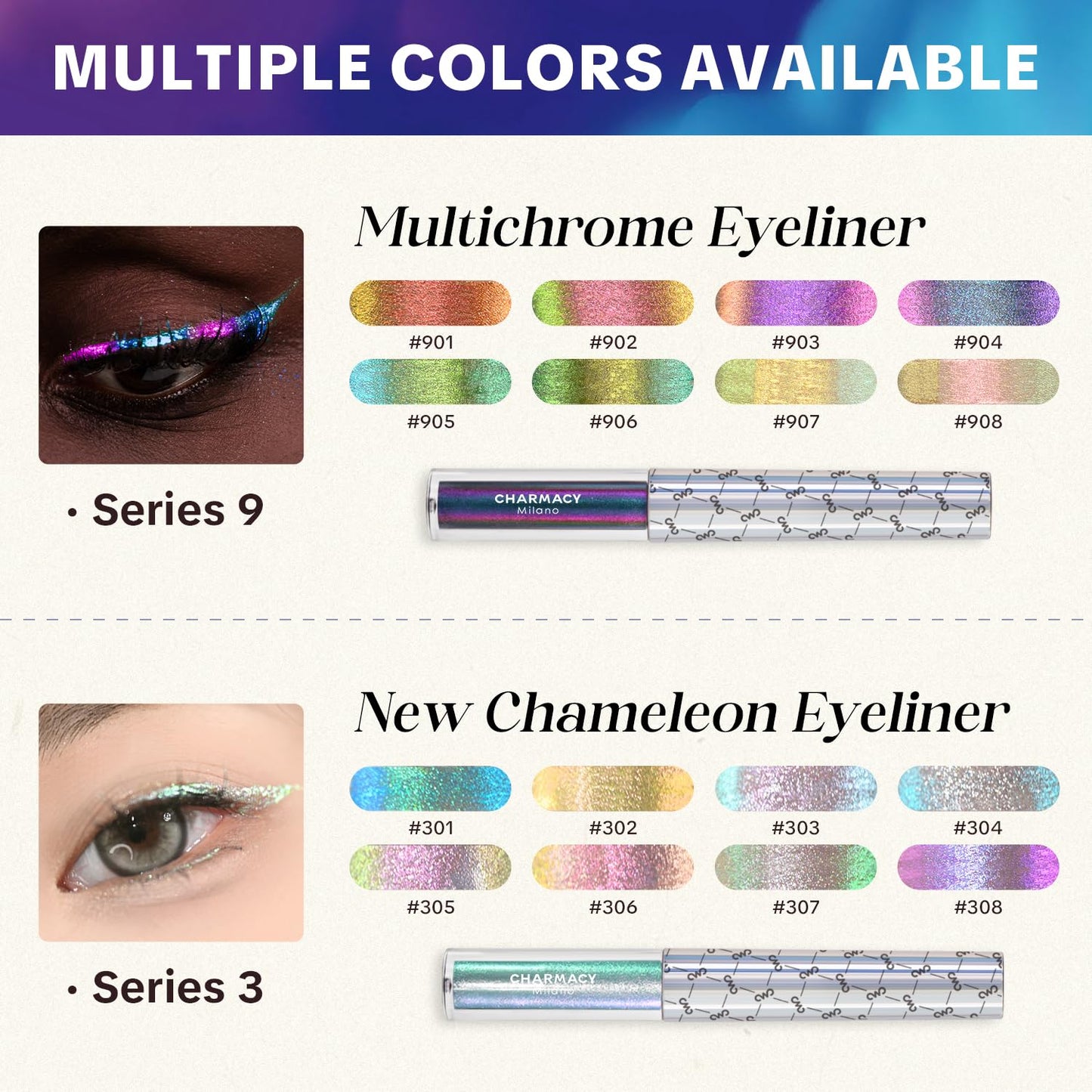CHARMACY Multichrome Eyeliner Liquid Liner, Metallic Glitter Shimmer Eyeliner, Long Lasting High Pigmented with Waterproof & Smudge Proof Formula, Ultra-Fine Tip PURPLE GOLD GREEN 903