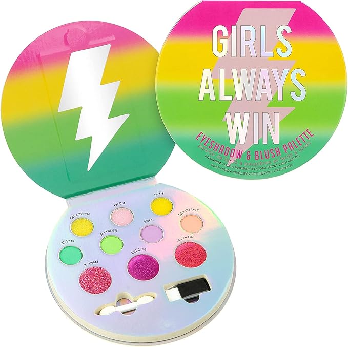 Expressions Girls Always Win Glisten & Glitter Makeup Palette 10 Color Eyeshadow Palette & Blush Makeup Novelty Beauty Set, Fold Out Compact with Mirror, Washable, Non-Toxic