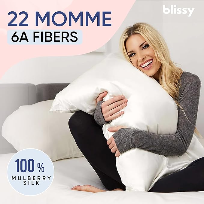 Blissy Silk Pillowcase - 100% Pure Mulberry Silk - 22 Momme 6A High-Grade Fibers - Silk Pillow Cover for Hair & Skin - Regular, Queen & King (Blissy White, Standard)