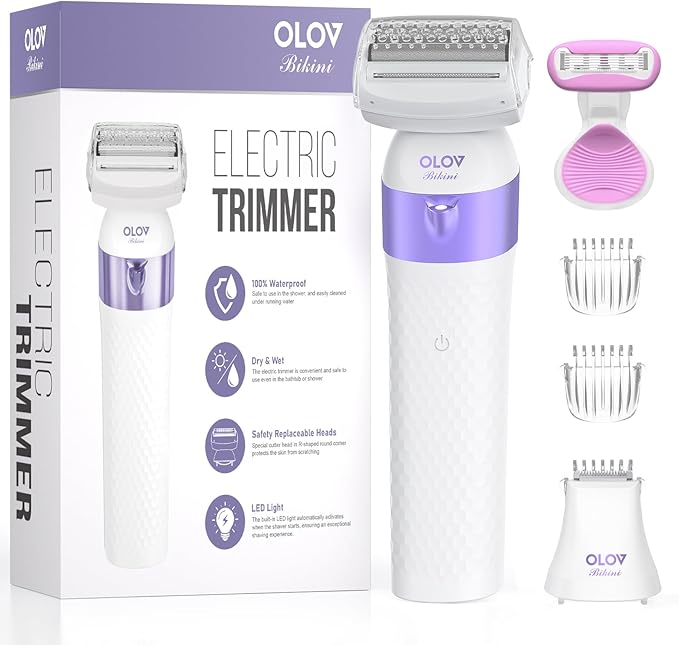 Bikini Trimmer for Women, IPX7 Waterproof Wet & Dry Electric Razors for Women, Bikini Legs Underarm Pubic Hairs Rechargeable Electric Shaver with 2 Trimmer Heads and Travel Razors