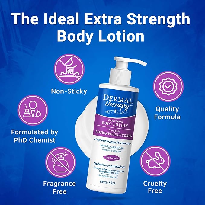 Dermal Therapy Extra Strength 5% AHA 10% Urea Body Lotion - Healing for Extremely Dry, Cracked Skin - Fragrance-Free - Sensitive Skin, Diabetes & Medication-Induced Dryness - 8 fl oz / 240 ml