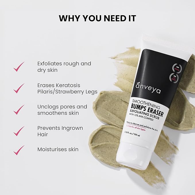 Anveya Smoothening Bumps Exfoliating Body Scrub For Bumpy & Dry Skin, Strawberry Legs, Keratosis Pilaris & Ingrown Hair | Glycolic Acid, Lactic Acid & Spirulina | For Men & Women | 100ml
