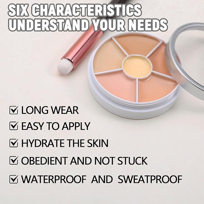 6 Colors Concealer Palette with Brush,Full Coverage,Cream Contouring Makeup Kit,Corrects Dark Circles Red Marks Scars