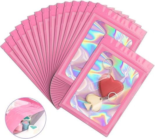 100 Pack Holographic Bags, Resealable Bags Packaging Bag with Clear Window Resealable Odor Foil Pouch for Food Storage, Lipgloss&Jewelry Lash Packaging(Pink, 2.4 x 3.9 Inch)