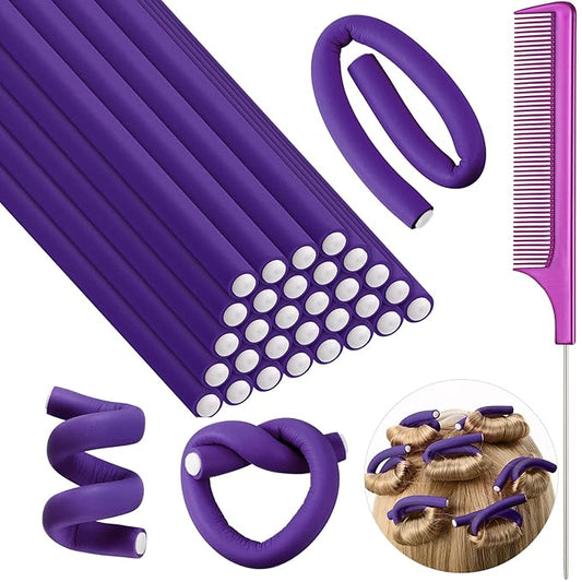 Syhood 30 Pcs 7'' Flexible Curling Rods Twist Foam Hair Rollers Soft Foam No Heat Hair Rods Rollers and 1 Steel Pintail Comb Rat Tail Comb for Women Long Short Hair(Purple,7 x 0.3 Inch)