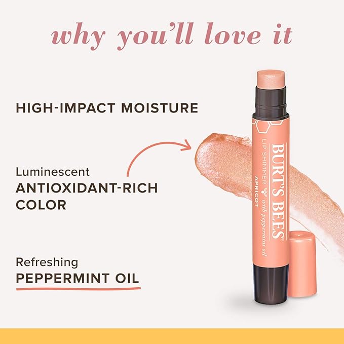 Burt's Bees Lip Balm, Moisturizing Lip Shimmer for Women, for All Day Hydration, with Vitamin E & Coconut Oil, 100% Natural, Apricot, 0.09 Ounce