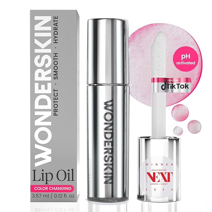 Wonderskin Lip Oil Rehab Serum - Color Changing Lip Oil from Clear to Pink - PH-activated, Non-sticky & Hydrating Tinted Serum for Dry Lips (Kissed)