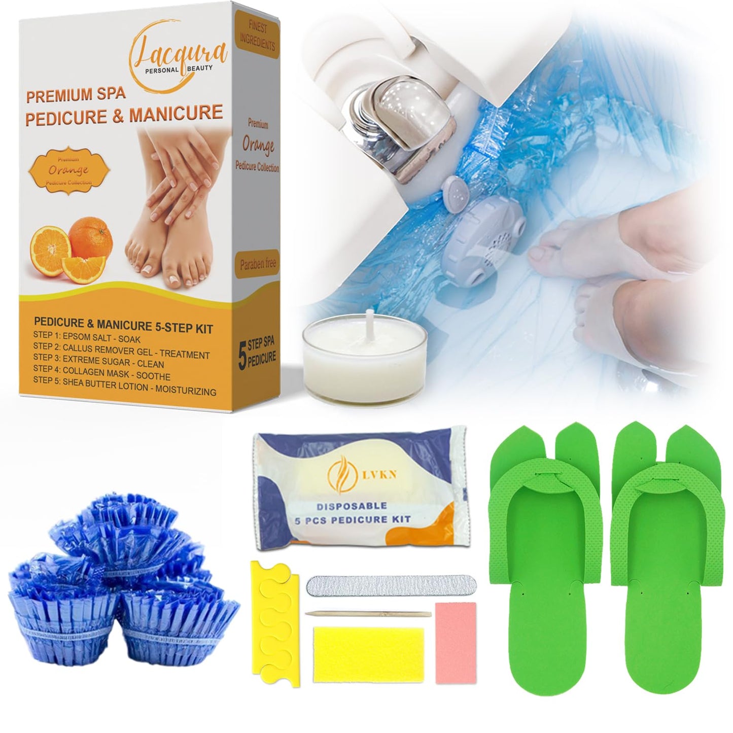 6-Step Foot Care System with Epsom Salt Soak, Callus Remover Gel, Sugar Scrub, Collagen Mask, Shea Butter Lotion, Massage Oil Candle + Disposable Pedicure Kit 5-1, Liner & Slippers. Orange 03 Set
