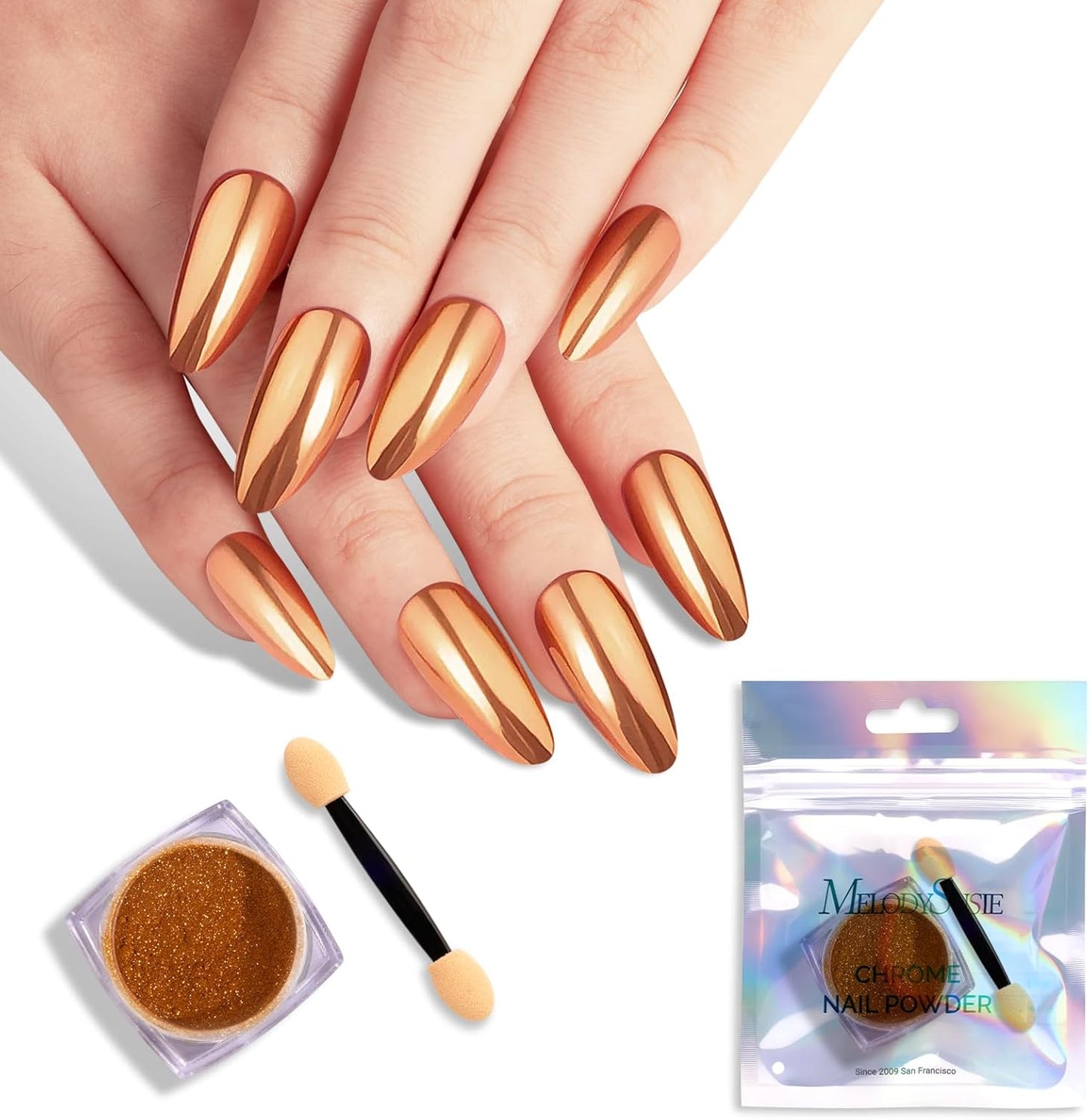 MelodySusie Champagne Chrome Nail Powder for Gel Nails,Metallic Mirror Effect Pigment Stylish and Technological Fine Glitter for Home DIY Salon Use