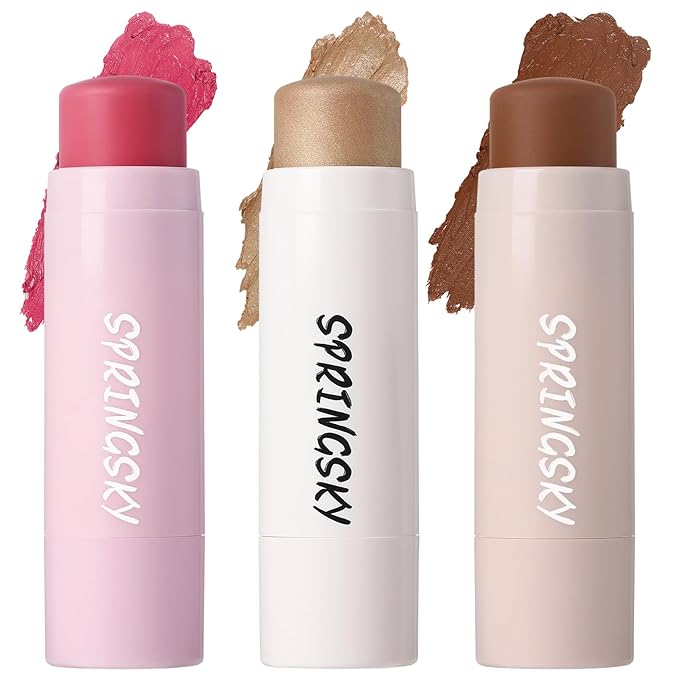 3Pcs Multi-Use Face Makeup Sticks Sets, Blendable Cream Blush Stick For Cheeks Lips, Highlighter Contour Shading Sticks Moisturizer Make Up Sets For Women (01)