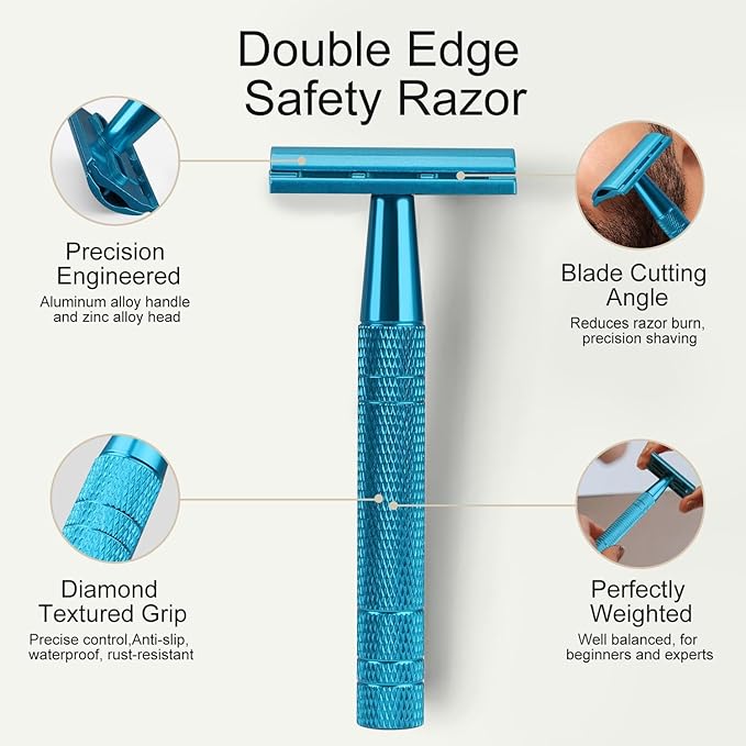 Double Edge Safety Razor, Single Blade Razors for Men and Women, with 10 Stainless Steel Safety Razor Blades, Smooth and Close Wet Shaving, Plastic Free, Blue