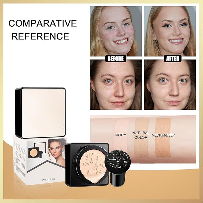 Air Cushion CC Cream Mushroom Head, Soothing Full Coverage Concealer CC Cream with Mushroom Makeup Sponge for Flawless Face Makeup (Buff Beige)