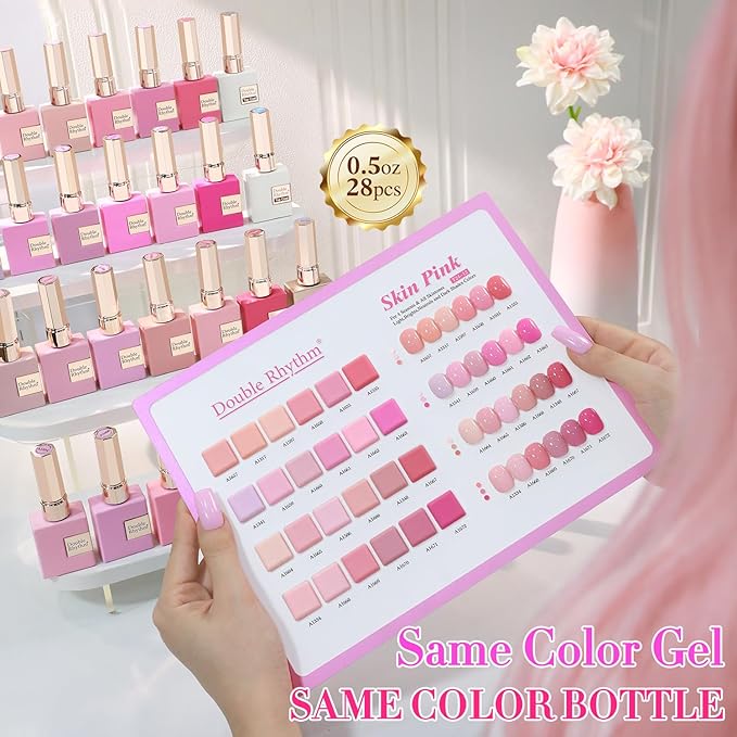 Double Rhythm 28Pcs 0.5Oz Gel Nail Polish Set Same Color Same Bottle Soak Off Gel Polish Kit Nail Art Manicure Salon DIY at Home for Women (Neutral Skin Pink Nude Collection-T24-12)
