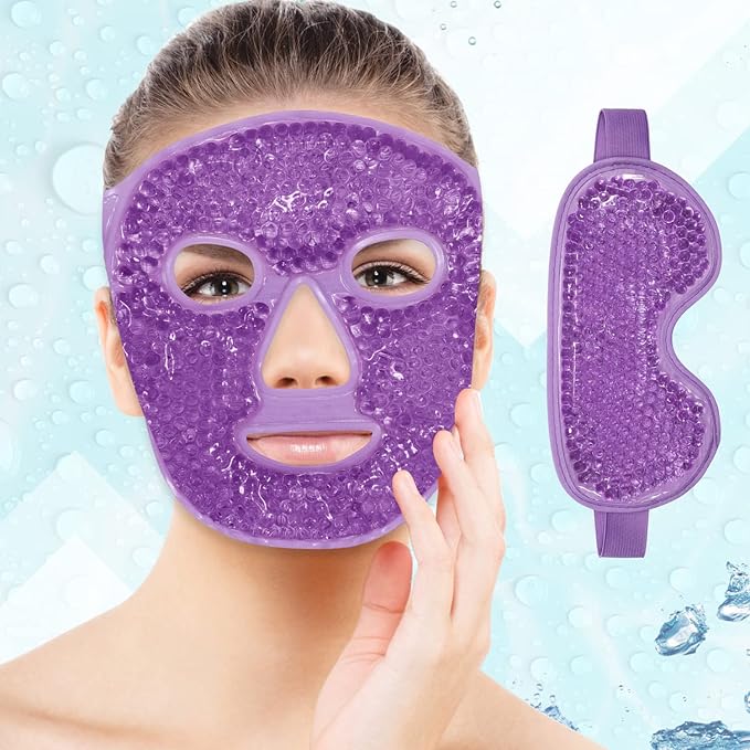 Ice Face Mask Reusable and Cold Gel Eye Mask for Puffiness/Dark Circles/Eye Bags/Dry Eyes/Headaches/Migraines/Stress Relief, Ice Pack for Eyes & Face (Purple)