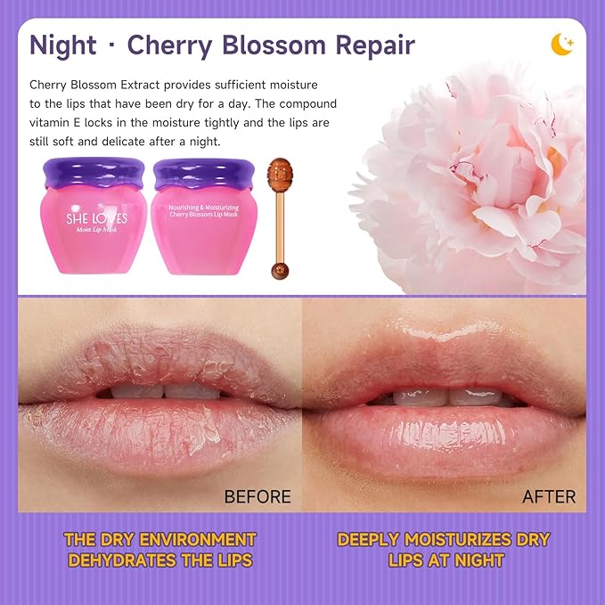 Lip Mask Overnight Lip Sleeping Masks Honey Lip Balm, Fade Lip Lines Bee Lip Balm Honey & Sakura Day and Night Repair Lip Sleeping Masks Honey Lip Balm (Sakura (Night))