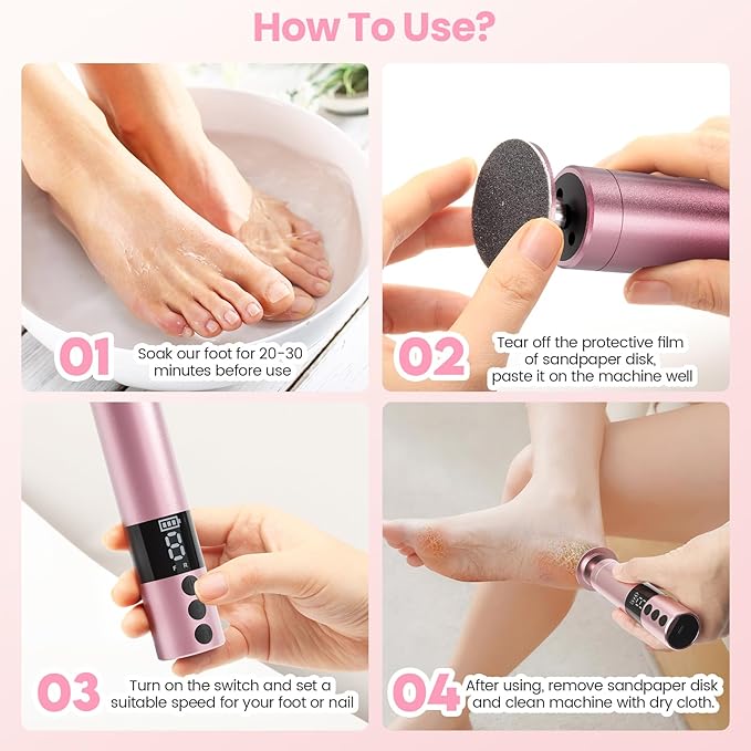 Electric Callus Remover for Feet, Rechargeable Professional Electronic Foot File Nail Grinder,9 Adjustable Speed Foot Sander Scrubber Pedicure Tool for Dry Dead Skin with Sandpaper Discs (Pink)