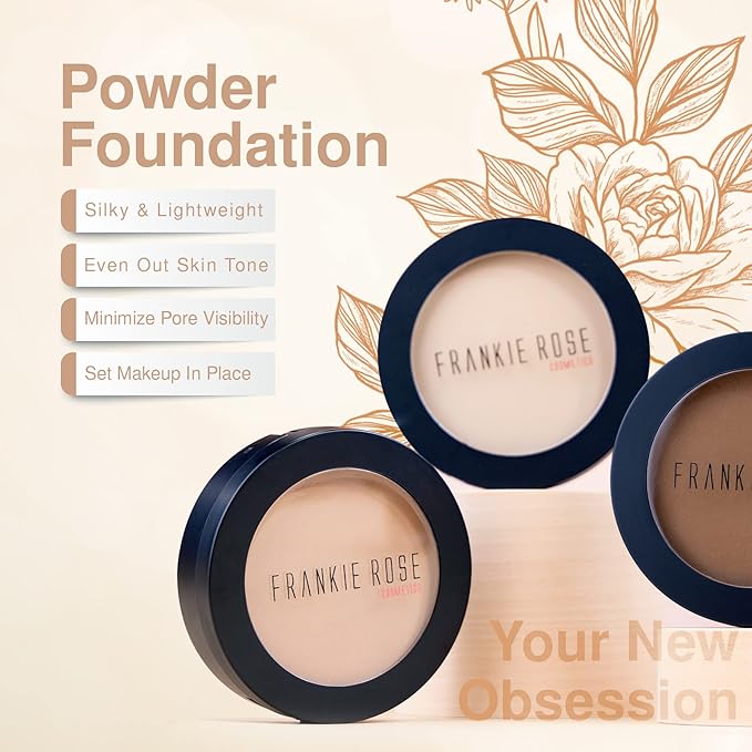 Frankie Rose Cosmetics Powder Foundation – Full Coverage Face Powder For Pores & Imperfections, Evens Out Skin Tone & Shine-Control | 58 Grams (Cream Puff)