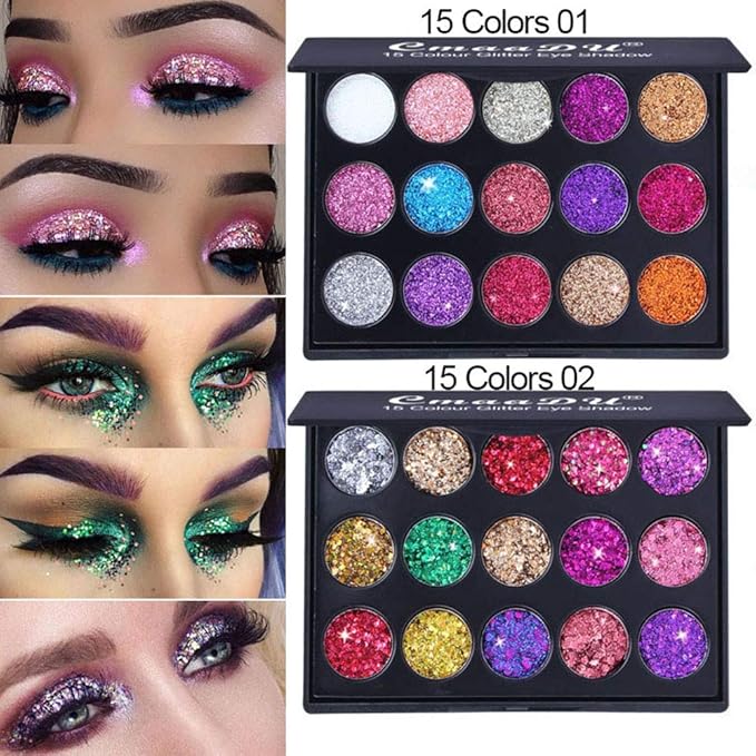 evpct 15 Color Shimmer Glitter Sparkle Glittery Eyeshadow Makeup Palette Pallet Glitter for Girl Pink Silver Red Rose Green Sparkling Sparkly Glitter Gel Pigment Eyeshadow Face Paint Makeup Palette